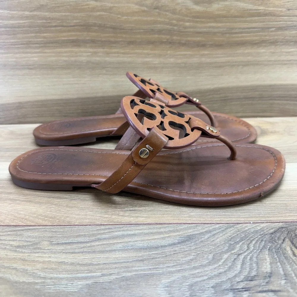 Tory Burch Miller Sandals 9.5 Royal Tan Leather Vacation Resort Flip Flops